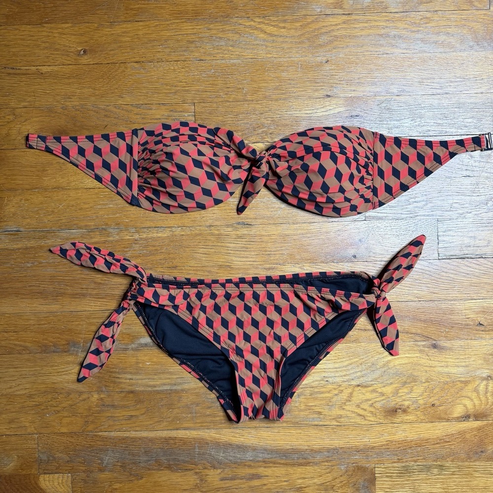 Michael Kors 3pc Bikini Medium Bandeau Side Tie High Waisted Red Brown Geometric